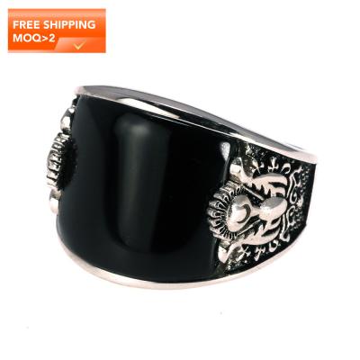 China Vintage Punk Rock Rings With Unique Curved Outer Natural Black Onyx Stone Biker Rings For Men for sale