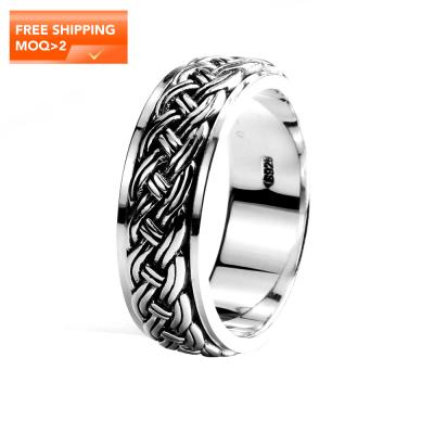 China Punk Design Real 925 Sterling Silver Fine Jewelry Vintage Hemp Rope Rotating Rotating Mens Rings for sale