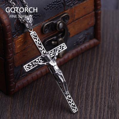 China Religious Engraved Necklace 925 Sterling Silver Pendants Mens Jesus Cross Pendant for sale