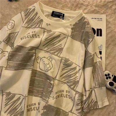 China 2022 Summer New Retro Soft Plaid Bear Print QUICK DRY Loose Short Sleeve T-shirt for sale