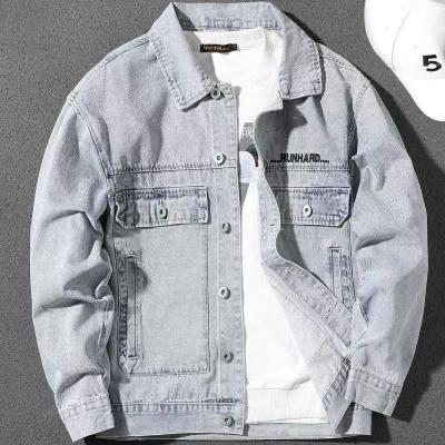 China Fashion spring men's coat cowboy loose top breathable light blue letter embroidery jacket men's soft top for sale