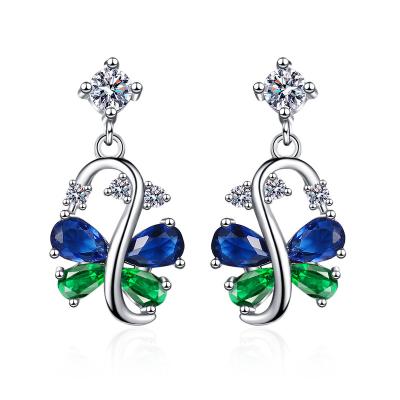 China New Vintage Tassel Earrings Temperament Female Stainless Steel Blue And Green Stones Two Color Personality Earrings for sale