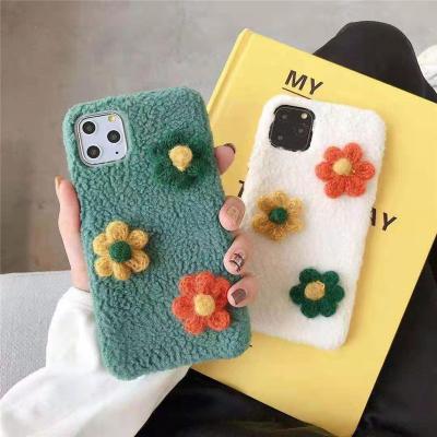 China Warm Furry Puppy Flower Flower Woolen Plush Phone Case Cute Lovely Cover Plush Phone Case For iPhone 11 12 pro X Max XR XS 7 Max 8 Plus Case Cute Plush Phone Cover for sale