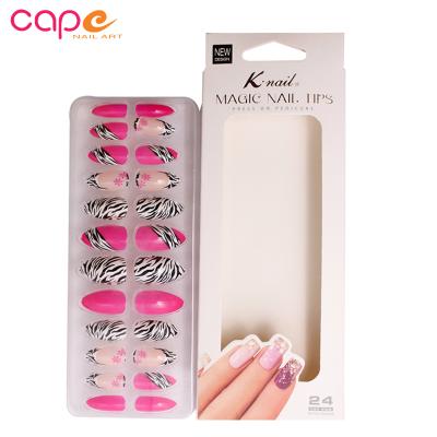 China French black and white leopard print with flower logo 24pcs full cover almond press on nails box packaging with gule for sale