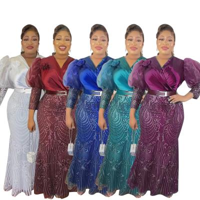 China Anti-wrinkle African 4XL plus size eliminated 2023 new desugn satin v-neck low-neck elegant dress silk women dress waist a-line deep skirt for sale