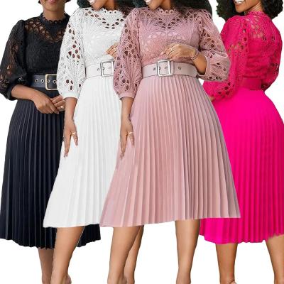 China American Washable Wholesale Women's Autumn Clothing Crochet Lace Dress Pleated Dress Plus Size Long Sleeve Church White Party Dresses for sale