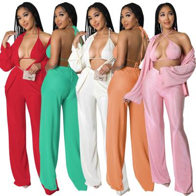 China QUICK DRY Solid Colors 2023 New Arrival Spring Sexy Long Shirt Bra And Drop Sleeve Pleated Straight Pants Three Piece Set for sale