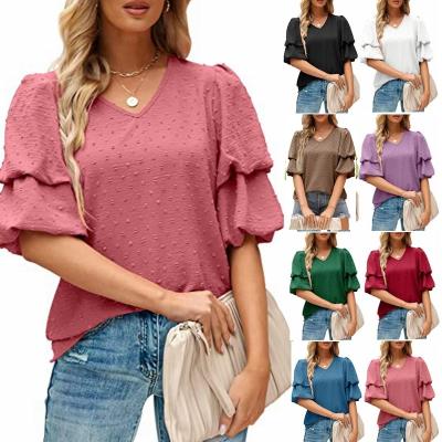 China 2023 European and American OEM Multicolor Women's Blouse Anti-wrinkle Spring V-Neck Summer New Chiffon Hairball Lantern Sleeve Top Shirt for sale