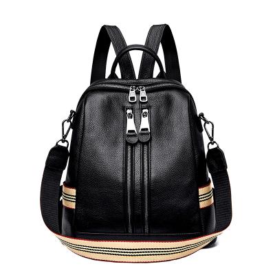 China New Products Woman Double Zipper Genuine Leather Black Backpack Bags High Quality Genuine Leather Ladies Backpack Daily Use One Strap Backpack for sale