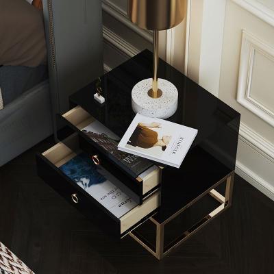 China Modern luxury black storage side table with drawers nightstands bedside for bedroom living room bed table for sale