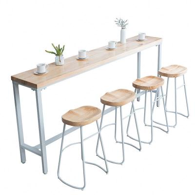 China Modern design solid wood table top iron white metal legs bar table set with 4chairs for sale