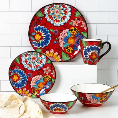 China Stocked Red Middle Eastern Stoneware 6-Piece Dinnerware Sets Flower Pattern Ceramic Dish And Bowl For Family Restaurant Party Wedding Dish for sale