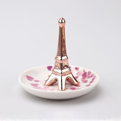 China Elelgent France Custom Decorative Eiffel Tower Ring Holder Decor Dish Ceramic Architecture Tray Jewelry Plate for Home Decor Luxury Gift for sale