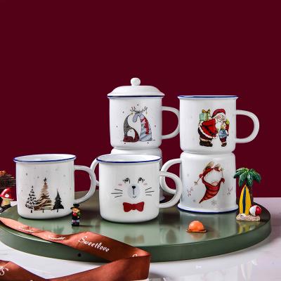 China Christmas Design Stocked Imitation Glaze Porcelain Ceramic Coffee Mug With Cover And Handle For Christmas Festival Gift for sale