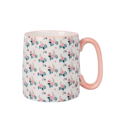 China Wholesale Stocked Custom Logo Nordic Style Coffee Breakfast Pink Ceramic Mug With Handle Flower Decor For Girl Lady Birthday Gift Mug for sale