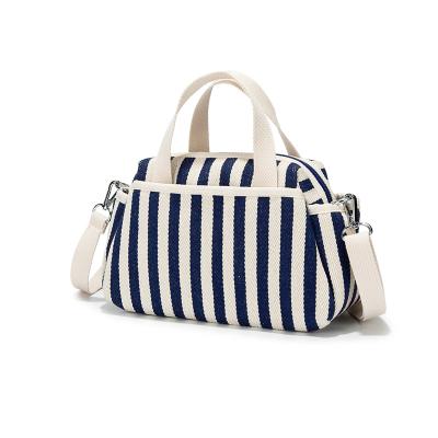 China Durable Canvas Summer Blue Stripe Country Style Weekend Shoulder Black Beach Bag for sale