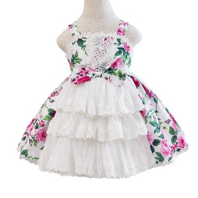 China New European and American children's clothing breathable long-sleeved dress suit printing baby lace tutu skirt girls suspender dresses for sale