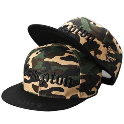 China Factory 6 Panel 3d Cheap Embroidery Flat Brim Custom Fit Hats Camouflage Hip Hop Snapback Hat Cap for sale