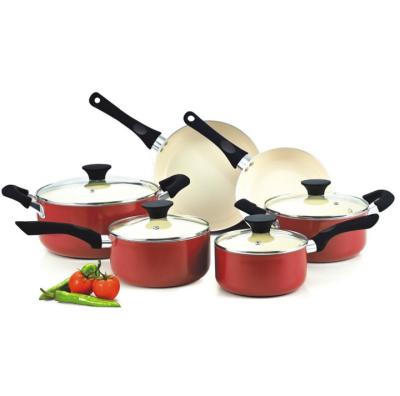 China Sustainable press aluminum cookware set with ceramic coating induction bottom and soft touch bakelite handle for sale