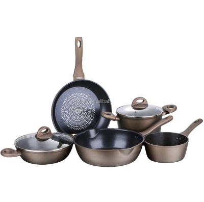 China SUSTAINABLE COOKWARE FORGED ALUMINUM SET WITH SOFT TOUCH BAKELITE HANDLE INDUCTION MARBLE NON-STICK BOTTOM for sale