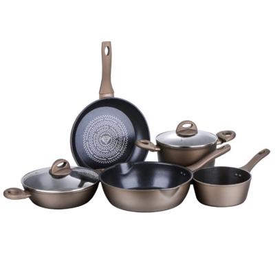 China Metal Forged Aluminum Cookware Set with Induction Bottom and Ceramic Soft Touch and Marble Bakelite Handle Coating for sale