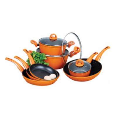 China Metal Forged Aluminum Cookware Set With Induction Bottom Soft Touch Bakelite Handle And Ceramic Color Coating for sale