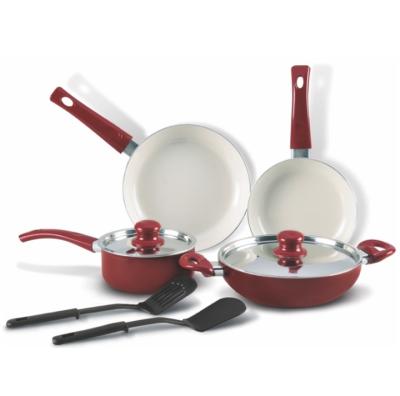 China Home Kitchen Aluminum Cookware Set With Marble Ceramic Coating And Soft Touch Wood Handle for sale