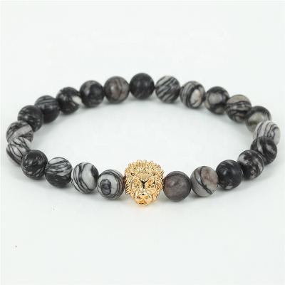 China Newest Fashion Lion Shape Heads Bracelet 24K Black Web SpiderJasper Stone 8mm Bead Bracelet Nickel Free For Men for sale