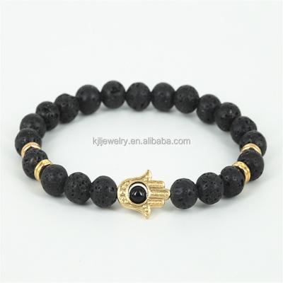 China New Design Silver Black Stone Natural Agate Hamsa Bracelet Lava Energy Beads Bracelet Black For Unisex for sale