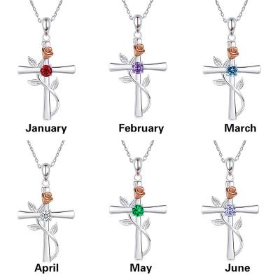 China Rose Two Tone Necklace Female December Long Lasting Birthstone Cross Necklace Charm Fashion Jewelry Pendant Necklace for sale