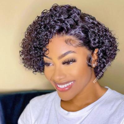 China Cheap Joywigs 13x4 Pixie Wig Lace Up Short Brazilian Pixie Cut Curly Wig 8in 180% Density Bleached Knots Wig for sale