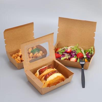 China Disposable Custom Logo Disposable Food Packaging Lunch Bento Takeaway Kraft Paper Box Salad Sushi Sandwich Box With Window Lid for sale