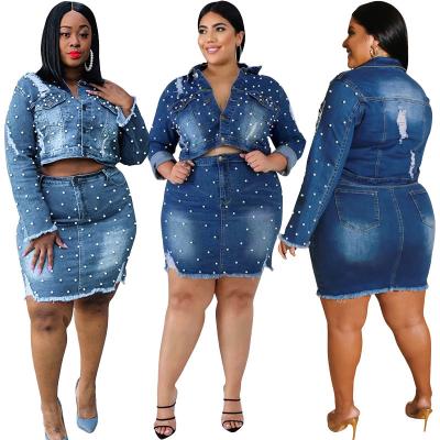 China BOBOYU Breathable 2022 Style Beaded Lattice Jacket And Denim Mini Skirts 2 Piece Set Plus Size Women Clothing 5XL for sale