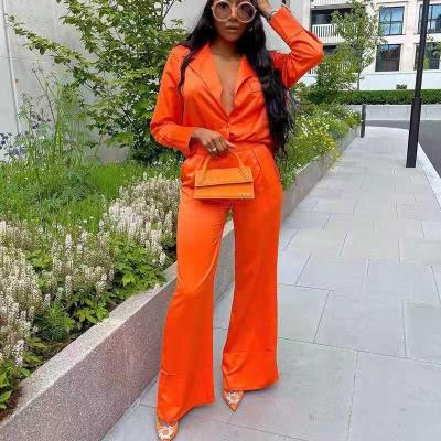 China BOBOYU Breathable Satin Women's Suits And Tuxedo Two Piece Pants Set Solid Color Blazers 2022 New Arrivals Long And Wide Leg Sleeve Shirt Set for sale