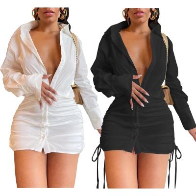 China Anti-wrinkle BOBOYU super sexy deep v neck mini shirt dress solid long sleeve ruched blouses dress for women nightclub wear for sale