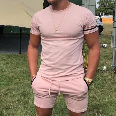 China BOBOYU 2022 wholesale streetwear pink men's short sleeve t-shirt casual shorts two-piece men's tracksuit sets for sale