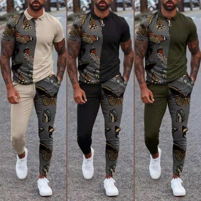 China BOBOYU New Breathable Fashion 17 Colors Slim Fit Outfits 2 Piece Polo Set With Butterfly Print Men Fashion Streetwear for sale