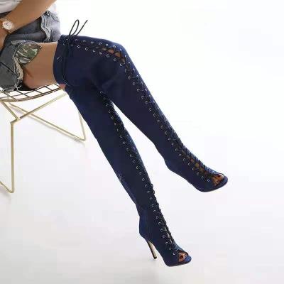 China BOBOYU Round Design Open Toe Over The Knee Thigh High Lace Up Sexy Denim Boots Stripper Shoes for sale