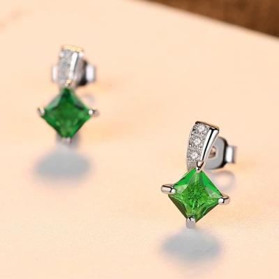 China Long Color Keeping Silver Green CZ Crystal Women Stud Earrings Square S925 for sale