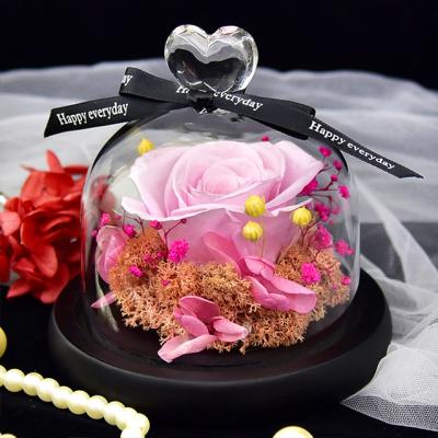 China Weddings Decoration Ammy Wedding Decoration New Flowers Preserved Love Rose Valentine's Day Glass Flower Cover Gift Box for sale