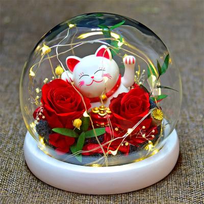 China Weddings Decoration Ammy Preserved Flowers Rose And The Lucky Cat Are Kept Forever Inside Clear Glass In Box Dome for sale