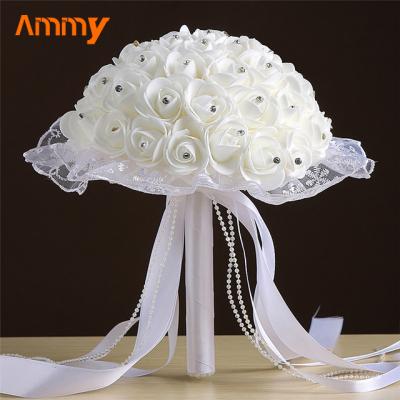 China Personal Gifts Ammy Amazon Wedding Bridal Ribbon Beaded Flower Rose Bouquet Multicolor White Simulation Foam Bouquet for sale