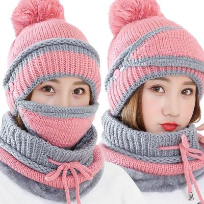 China Fashion\Wholesale Comfortable\Durable Winter Hats Mask Bib 3 Piece Set Thick Velvet Knitted Hat Warm Hearing Protection Mixed Color Wool Hat For Women Hats for sale