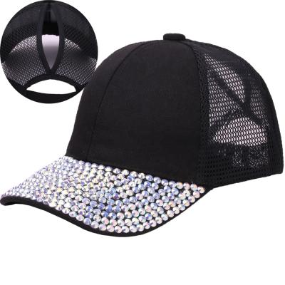 China COMMON Female Hat Snapback Mesh Trucker Caps Ponytail Baseball Ponytail Women Bling Rhinestone Hats for sale