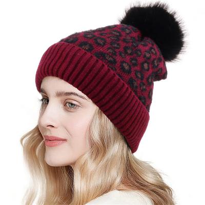 China COMMON Women Knit Slouchy Beanie Hats With Pompom Chunky Baggy Hat Winter Leopard Ski Soft Warm Faux Fur Cap for sale