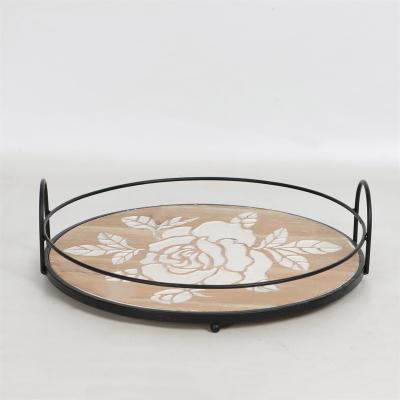 China Wood Carved Round Wooden Flower Dish, Wire Metal Serving Tray With Iron Handles, European Modern Indoor CoffeeTable or Dining Table for sale