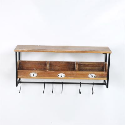 China Iron Wood Collocation Wall Hanging Storage Rack Organizer 6 Hooks Bathroom Hanging Towel Rack Retro Vintage Brown for sale