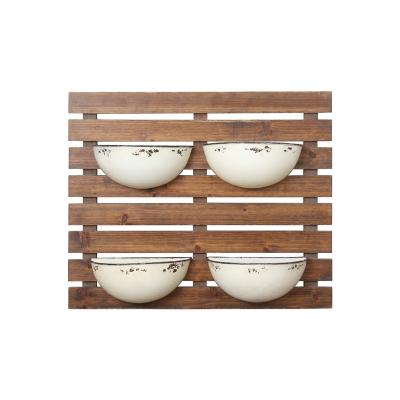 China Wall Viable Antique Vertical Planter with 4 Pockets Metal Pots and Shelf Wood Use for Hanging Home Decoration for sale