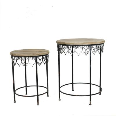 China Two Vintage Wood Side Table Farmhouse Pop Set For Living Room Decoration Garden Wood Metal Outdoor Coffee Table for sale