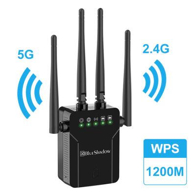 China Long Range 1200Mbps 1200 5ghz Wi-Fi Repeater Dual Band Antenna Network Signal Booster Extra 5g 1200M Wifi Repeater Wireless Black for sale